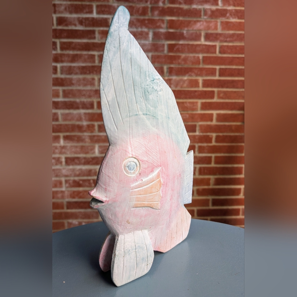Handcrafted Pink and Blue Fish Wooden Sculpture